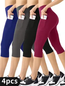 Women's Capri Pants - High Waisted Black/Grey/Red/Blue Cropped Pants, Tummy Control Firm Fit, Breathable Non-See-Through For Cycling, Hike, Work