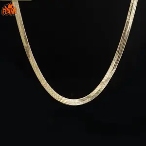 [FLAME] Gold Plated Herringbone Chain Necklace for Men, Flat Snake Design, Smooth Shine