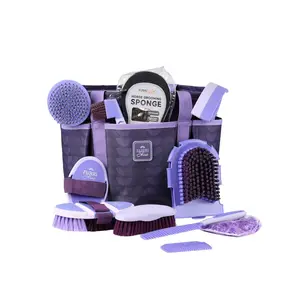 11-Piece Professional Horse Grooming Kit with Waterproof Tote Bag, Non-Slip Silicone Grip Brush Set, Curry Comb, Hoof Pick & Mane Comb Sugar Taro