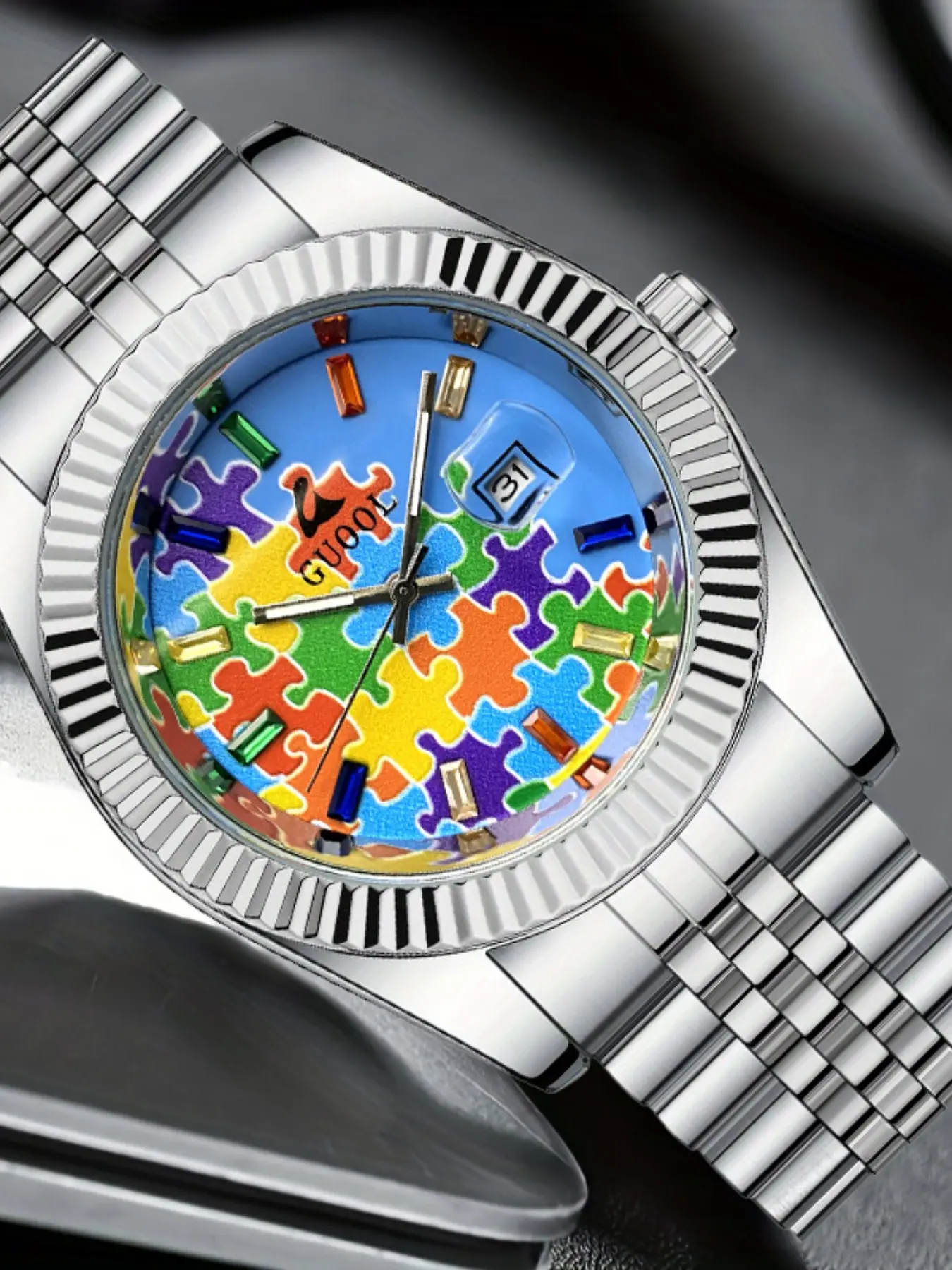 Dopamine Colorful Jigsaw Puzzle Quartz Analog Round Dial Watch, Unisex Fashion Casual Stainless Steel Wristwatch, Quartz Analog Watches, Ideal Gift for Men, Suitable for All Occasions, Fashionable Analog Watch