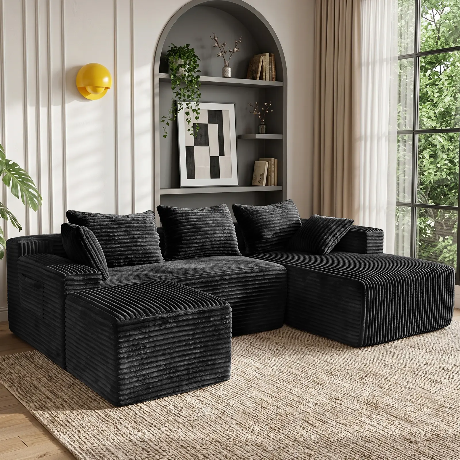 95" Cloud Modular Sectional Sofa with U-shaped chaise and large ottoman with deep seat, upholstered sofas for living room, no assembly required, plush corduroy fabric (black)