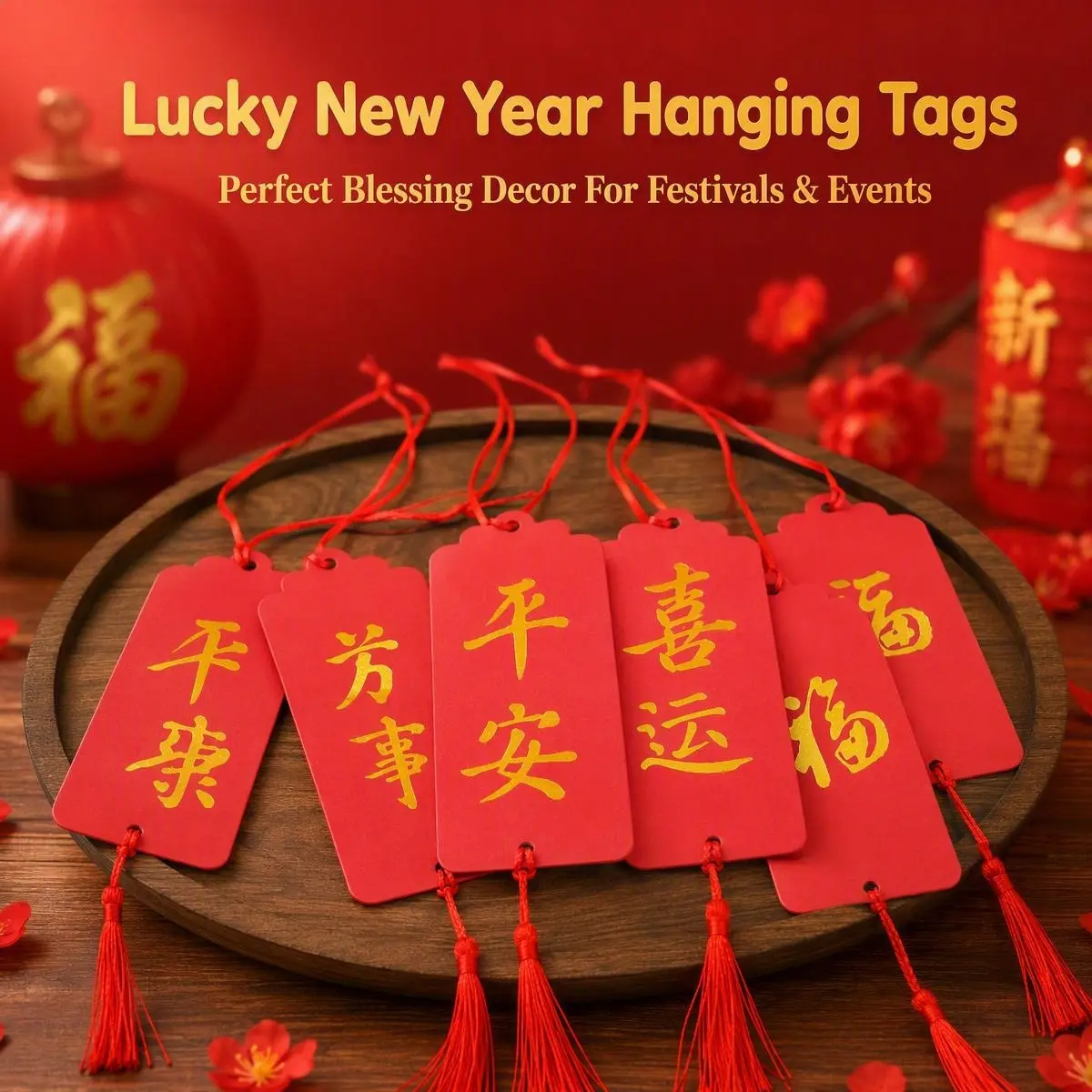 4Pcs Traditional Taoist Feng Shui Good Luck Tag Set, Red Silk Blessing Charm with Gold Calligraphy, Protection & Energy Manifestation Car Mirror Hanging Ornament