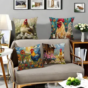 Rooster & Chicken Pattern Cushion Cover, 4 Counts/set Farmhouse Themed Pillow Cover, Household Decoration Supplies, Home Textile for Home Living Room Bedroom