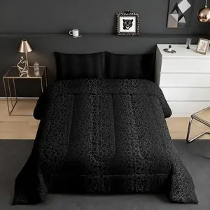 Black Leopard Print Comforter Set,Wild Cheetah Fur Print Bedding Set for Kids Girls Women Men Room Decor,Grey Black Gradient Quilt Set,Romantic Fashion Duvet Insert