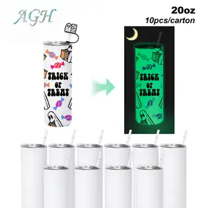 AGH US Halloween UVDTF 20OZ Sublimation GLOW TO GREEN Straight Tumbler with UV Stickers and Silicone Topper