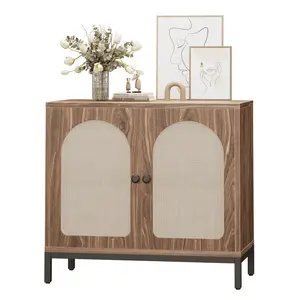 Buffet Cabinet with Storage  Kitchen Sideboard Console Table Adjustable Shelf  Two-Door Rattan Accent Cabinet with Arch Carving  for Living Room  Hallway  Dining Room  Wood Color