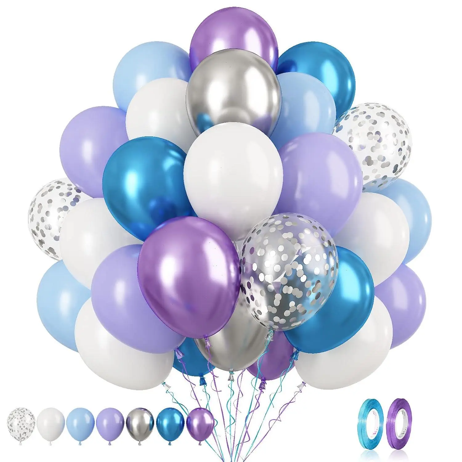 Blue Purple Balloons Set, 60 Pcs Blue Frozen Balloons, Metallic Purple Blue White Latex Balloons Metallic Silver Confetti Balloons For Helium For Girls Baby Shower Winter Wonderland Party Supplies