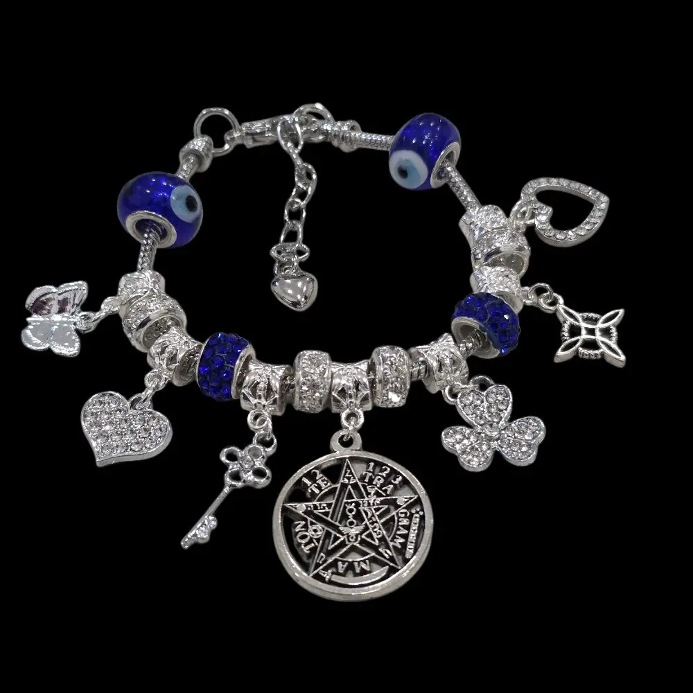 Tetragramatón, nudo de bruja, key, pink bracelet  (you can add charms)