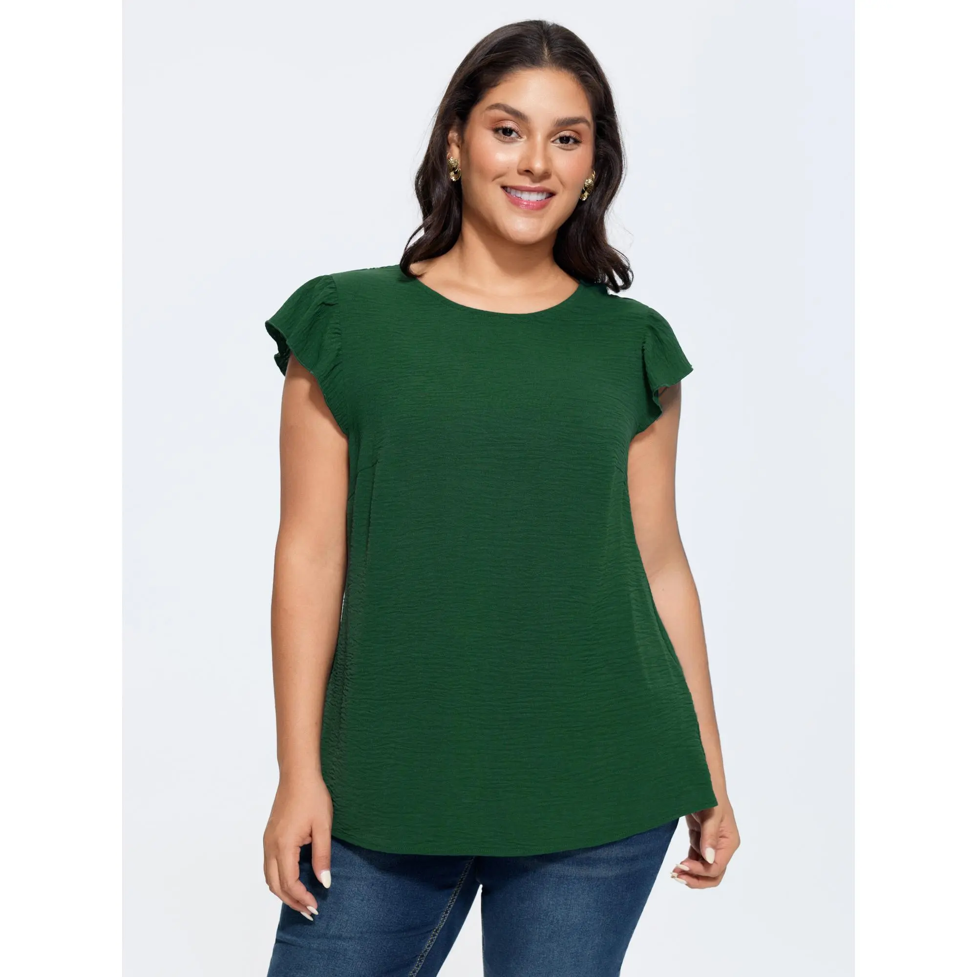 BloomChic Plus Size Romantic Lace Blouse, Smooth Polyester Cropped Top with Ruffle Cap Sleeves and an Adjustable Tie-Back, Adjustable Back Tie, Short Sleeves, Shirts, Casual