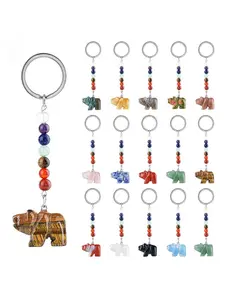 Random 7pcs Natural Stone Polar Bear Keychain, Multicolor Agate Crystal Chakra Original Stone Small Bear Pendant, Unique Gift Set