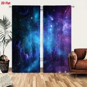 2D Flat Cosmic Swirling Nebula Blackout Curtain 2-Piece Set, Deep Blue Teal Purple Starry Space Theme Drapes for Bedroom Living Room, Light Filtering Thermal Insulated Window Curtains with Dreamy Ethereal Clouds Pattern