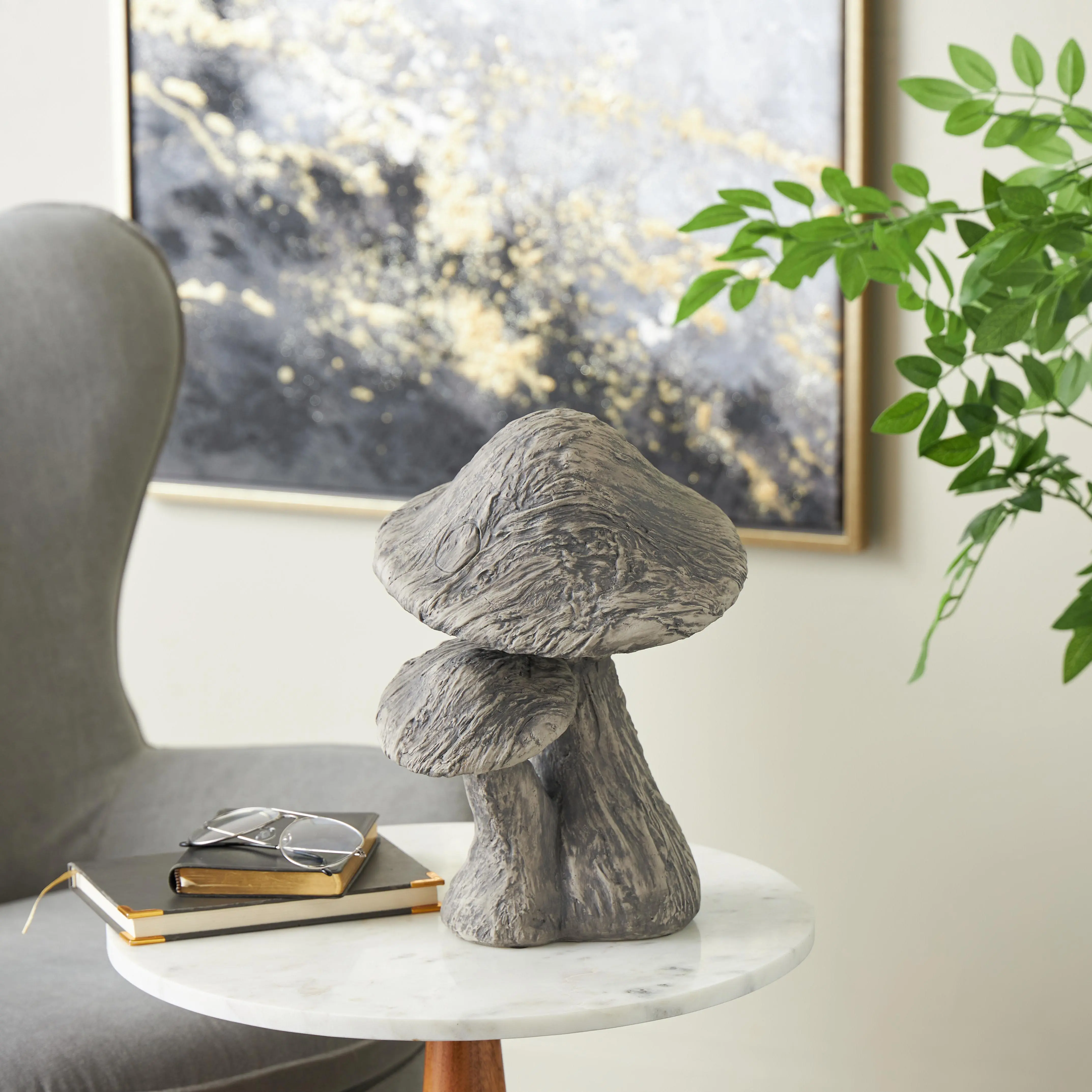 Gray Polystone Mushroom Textured Decorative Sculpture, 9" x 9" x 14"