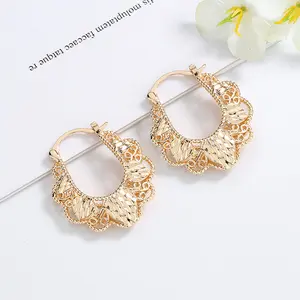 18-Carat Gold Large Chunky Round Gold-Tone Ornate Statement Hoop Earrings - Plated Basket Heart Design Unisex Costume Jewelry Accessory, Model #49, Large Hoop Earrings, 18-Carat Gold Earrings