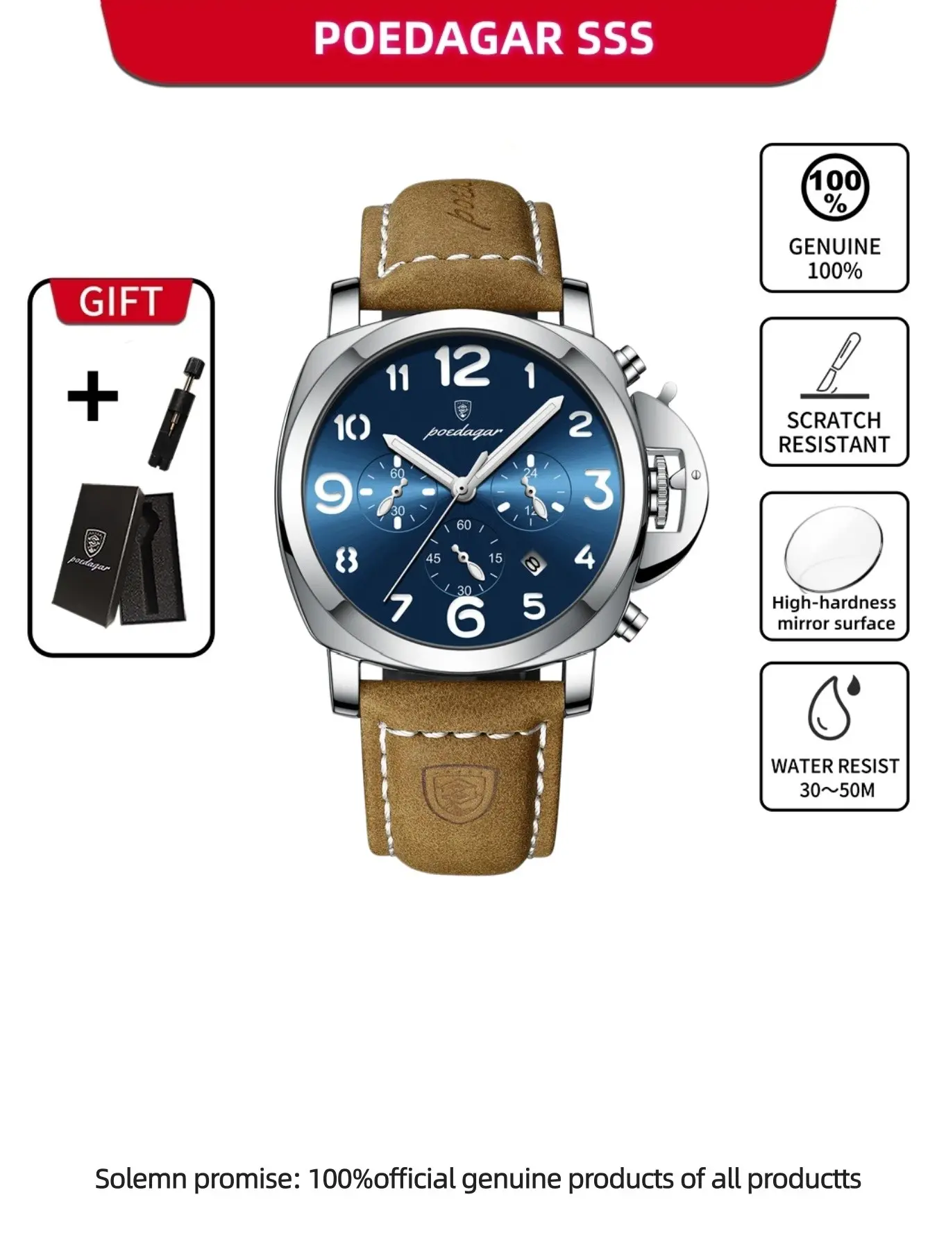 POEDAGAR Luxury Military Durable Watch For Men Luminous Analog Watch Date Chronograph Man Watch Sports Casual Leather Men's Quartz Watches Waterproof Quartz Wristwatch