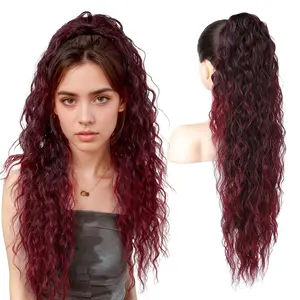 Ponytail Extension 30" Long Claw Clip Ponytail Extension Curly Wavy Pony Tails Hair Extensions Synthetic Hairpiece for Halloween , Burgundy