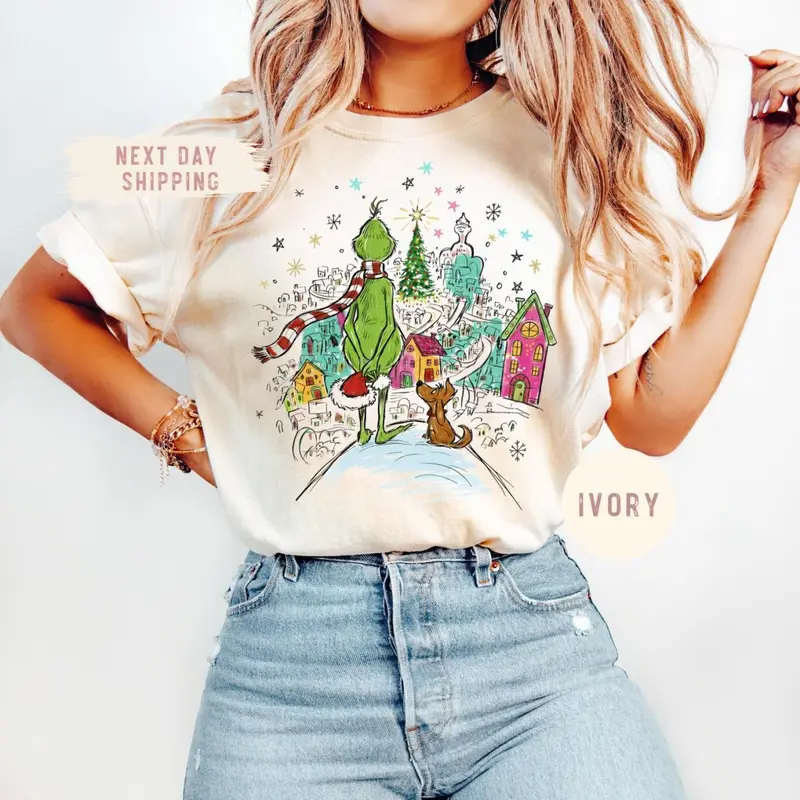 Youth and Adult Christmas Dr. Seuss The Mean One Shirt, Whimsical Christmas Tree Shirt, With Dog Max Whoville Tree Shirt, Whimsical Green Star Tree