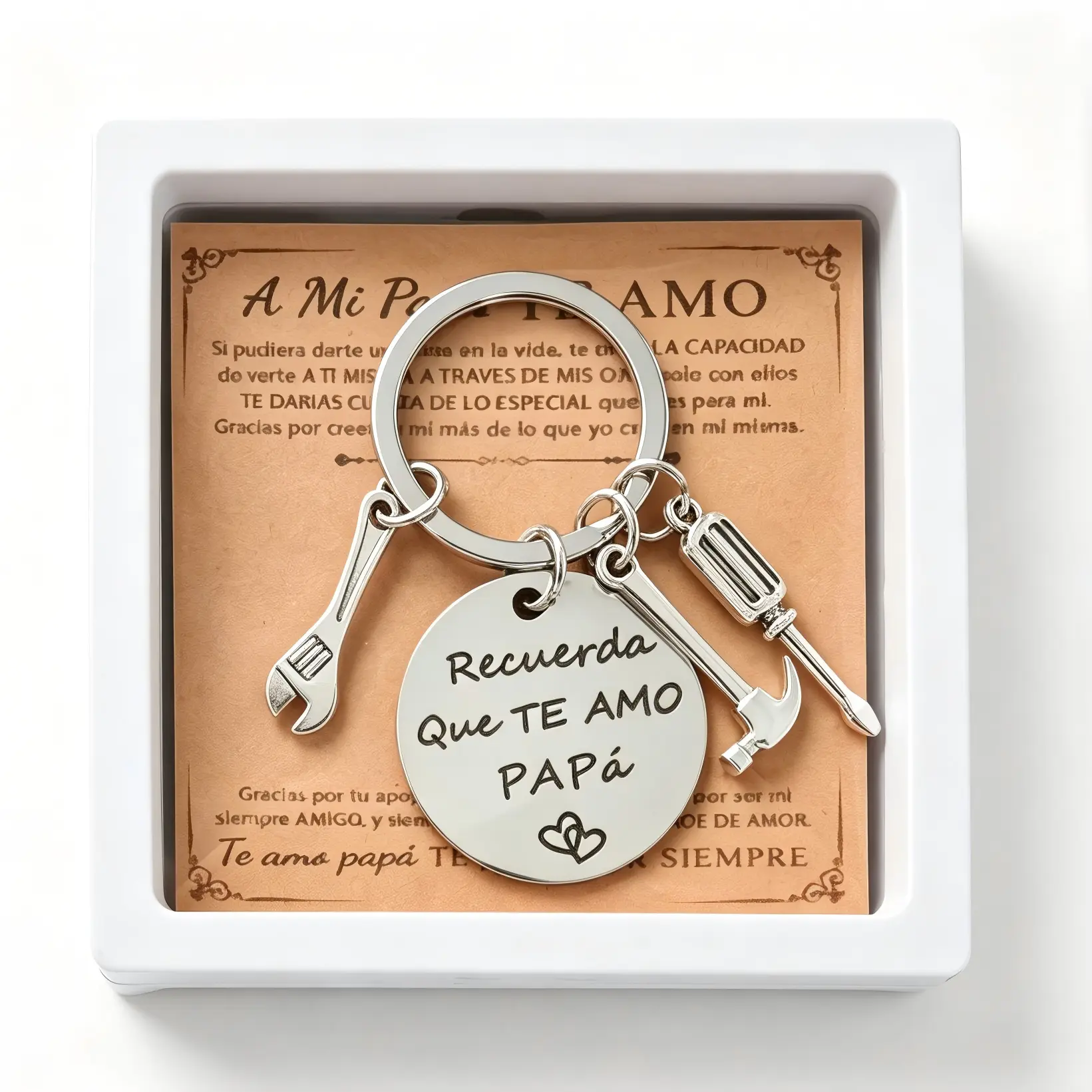 Stainless Steel Multi-Tool Keychain (Gift Box+Greeting card) - "Recuerda Que Te Amo Papa" Hammer, Wrench & Screwdriver Design, Durable 2026 Father's Day Gift, Trendy Men's Car Key Accessory fashion father birthday Keyrings Stylish Keyring