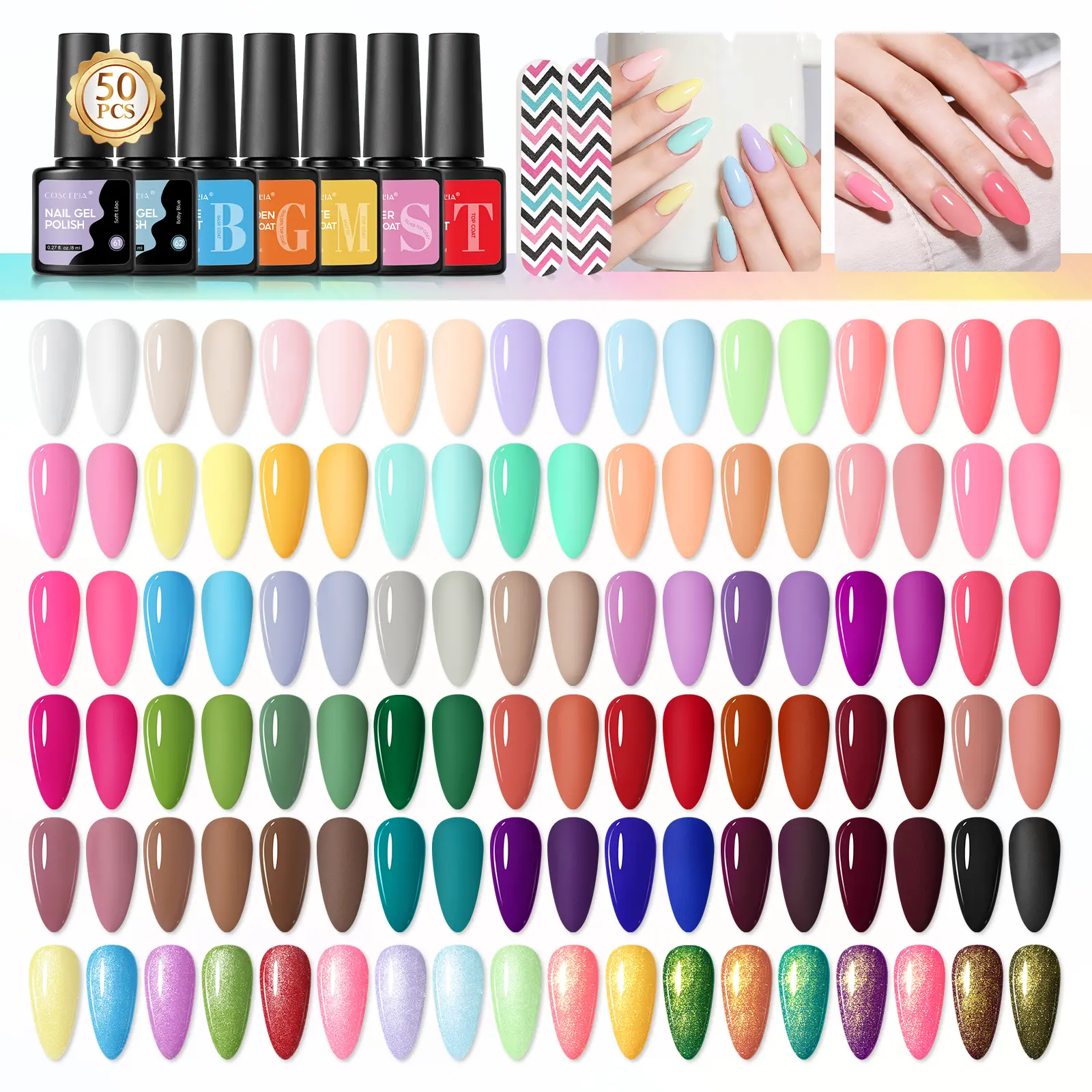 COSCELIA 50PCS Gel Nail Polish Kit Rich Colors Gel Polish Set With 5Pcs Glossy/Matte/Glitter Top Base Coat All Seasons Pink White Blue Green Soak Off Gel For Women Nail Art Salon