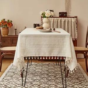 Vintage Striped Linen Tablecloth, Simple Solid Color Fringe Atmosphere Decorative Cloth, 1pc Retro Style Dining Table Cover