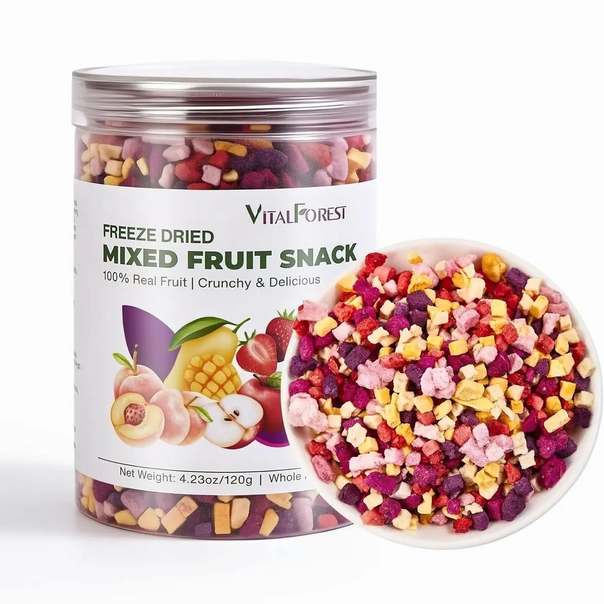 Freeze Dried Mixed Fruit Snacks - 4.23oz(120g) Crunchy Dried Fruit Mix with Strawberry, Dragon Fruit, Purple Sweet Potato, Mango, Peach, & Apple, Natural Healthy Dehydrated Fruits Snacks