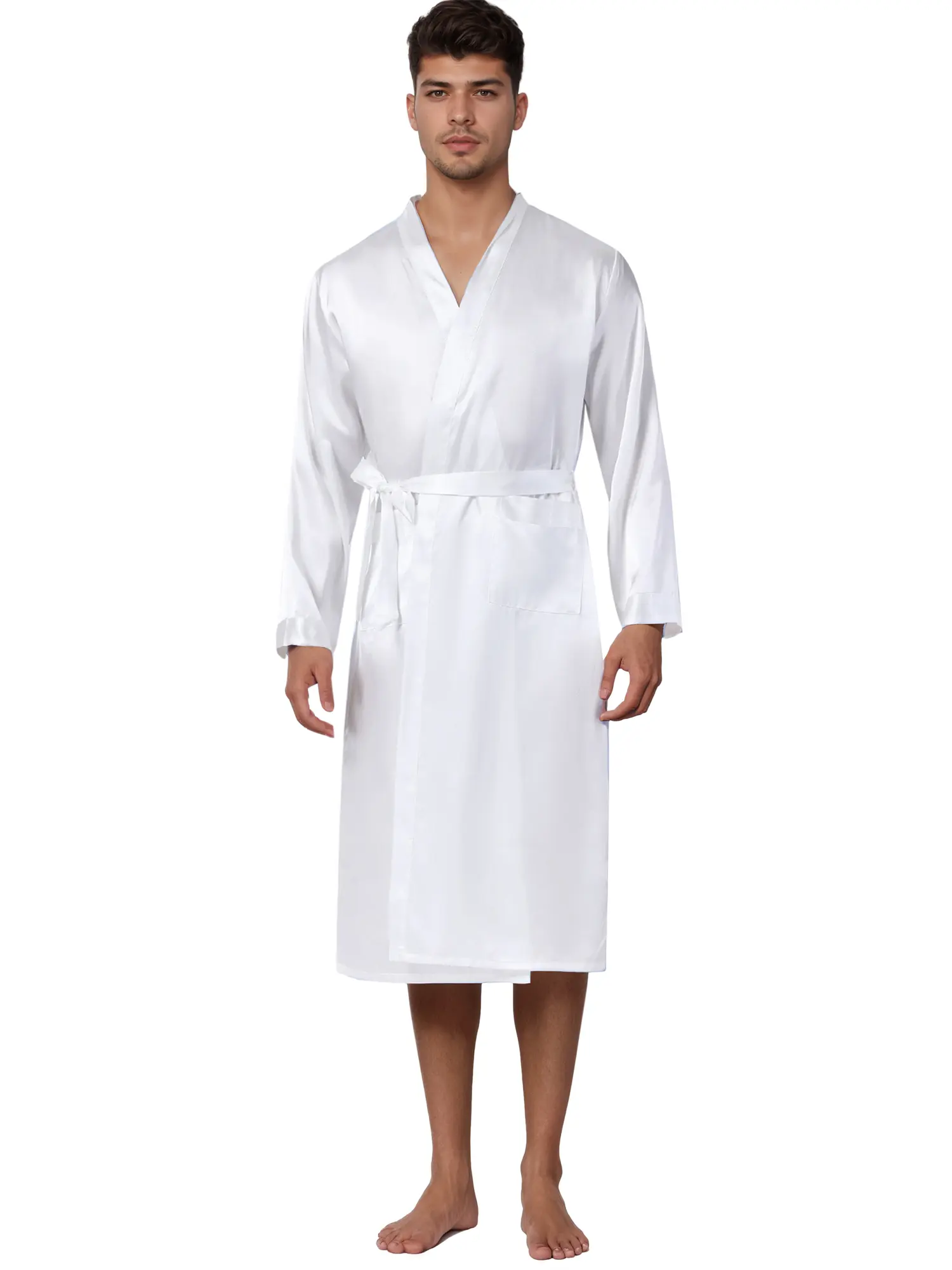 INSPIRE CHIC Men's Satin Robe Sleep Nightdress Long Sleeve Lounge Sleepwear Pajama Dress Bathrobe