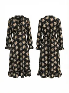 Elegant Floral Long Sleeve Dress, Ruffled Hem, Vintage Print, Waist Cinched, Fitted, Midi Length, Spring & Fall Fashion, Womenswear