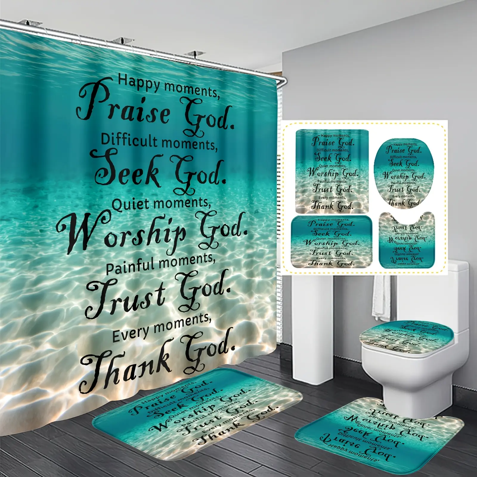 1pc/4pcs Blue Ocean Blessing Heat-Insulating Home Decor Bathroom Shower Curtain with 12 Hooks, Non-Slip Bath Mat, U-Shaped Floor Mat, and Round Toilet Lid Cover - Complete Bathroom Set for All Scenarios, Valentines Decoration For Home
