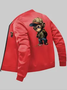 Men's Cartoon Monkey Print Zip Up Jacket, Casual Trendy Coat, Regular Fit Casual Long Sleeve Pocket Collared Outerwear for Daily Wear, Fashion Men's Clothes for All Seasons