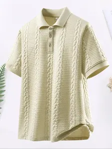 Men's Solid Color Jacquard Short Sleeve Knit Polo Shirt, Casual Breathable Comfortable Collared Top for Outdoor Wear, Fashion Men's Clothes for Summer, Tropical