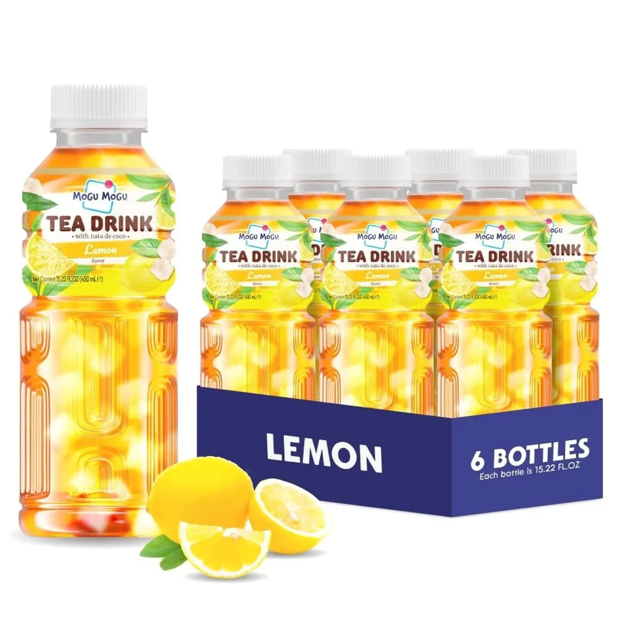 Mogu Mogu Lemon Iced Tea with Nata de Coco (Coconut Jelly) – Chewy Bubble Tea Alternative, Refreshing Drink, 6 Pack Bottles, 15.3 fl oz Each