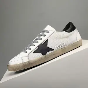 Durable Comfortable Men's Leather Star Sneakers, Vintage Lace-Up Shoes, Casual Trainers, Breathable Mesh Design, Casual All-Season Footwear