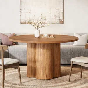 LITTLE TREE Round Dining Table for 4-6, 47 Inch Farmhouse Fluted Kitchen Dining Room Table Circle Table with Sturdy Pedestal Base (Chairs Not Included)