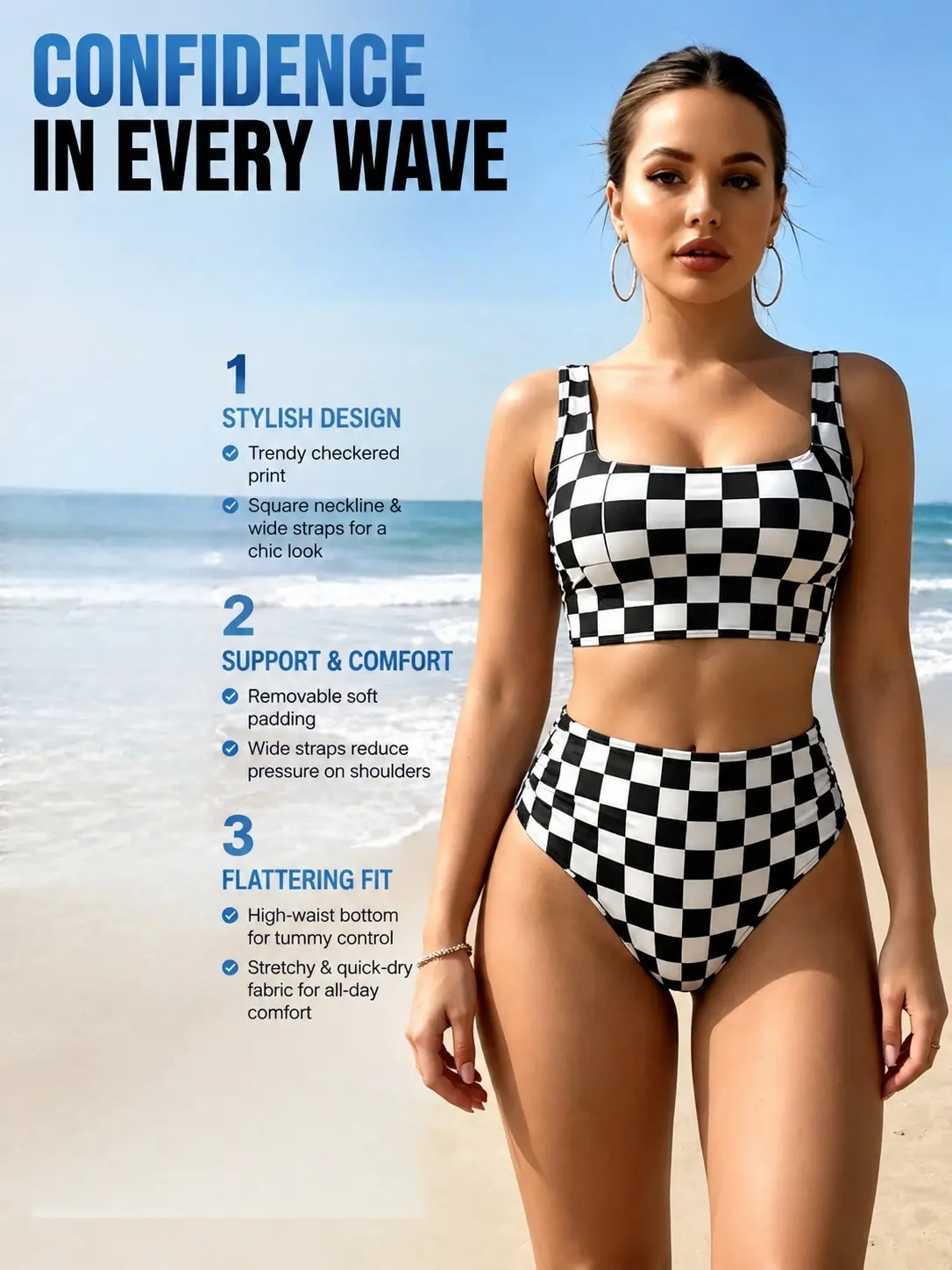 Women's Black and White Checkerboard Bikini Set - Brazilian Halter Top, Retro Vibrant Leopard Print, Plus Size, Trendy Poolside/Vacation Outfits, Summer Swimwear