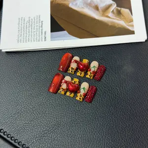Hailey's square red heart cheeta cherry luxury acrylic handmade press on nails A1