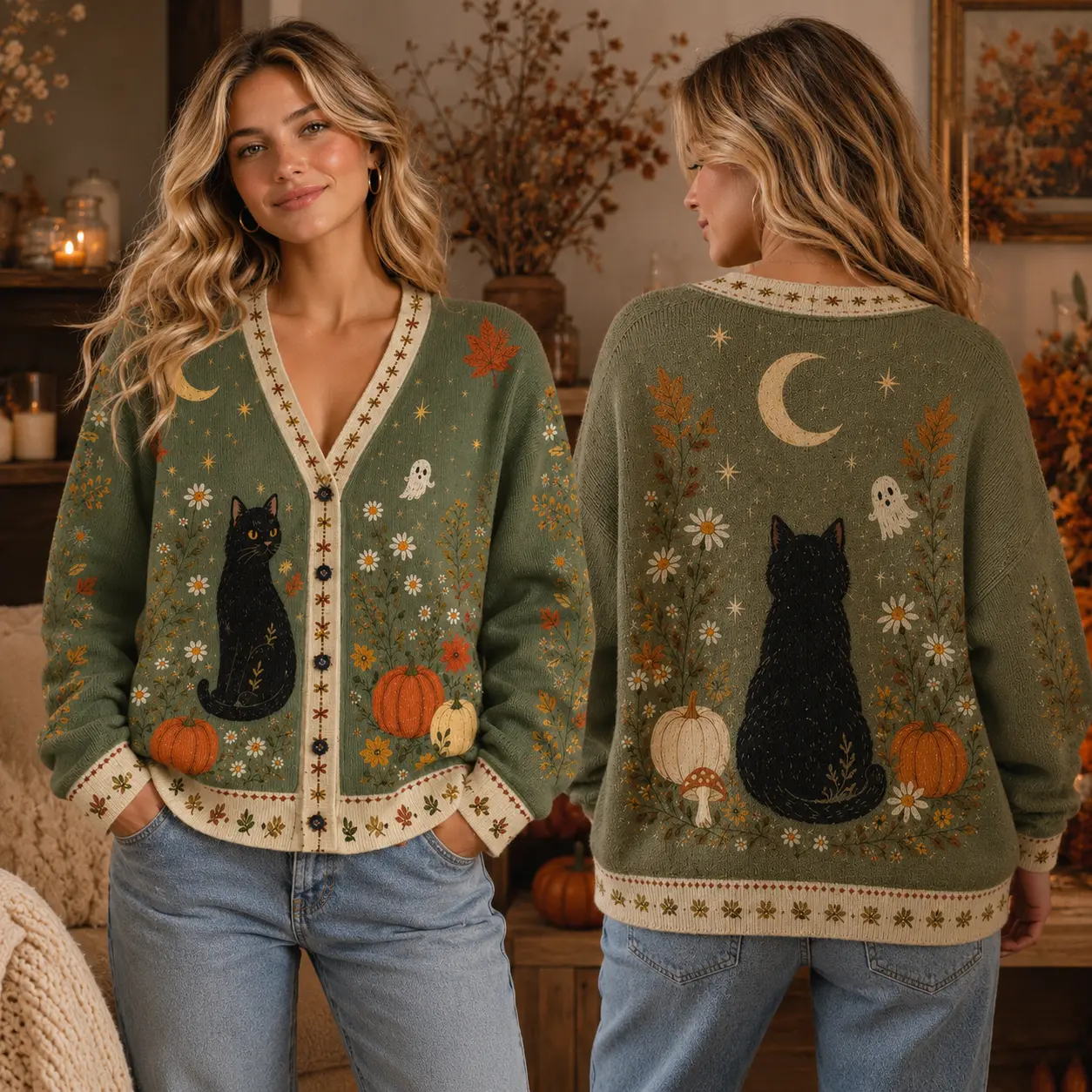 Halloween Black Cat Cardigan Sweater, Cozy Autumn Button Up Knit Cardigan, Women’s Fall Long Sleeve V Neck Sweater, Spooky Season Gift