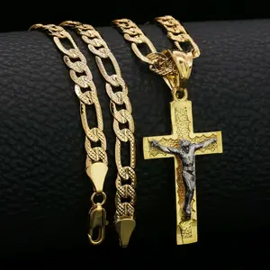 MaxBling81 Brass Gold-Plated Jesus Crucifixion Pendant with 14K Stamped 5mm Figaro Chain (20" or 24") - Hip Hop Jewelry, Fashion Costume Necklace Accessory