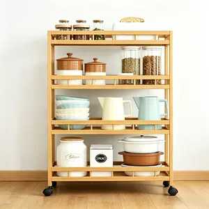 【HUOMAQFAN】4-Tier Bamboo Rolling Storage Cart, Slim Utility Shelf Rack with Wheels, 7.1" Width Baker's Rack for Narrow Kitchen Spaces