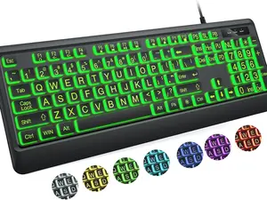 Large Print Keyboard  7 Interchangeable Backlight Colors Light Up USB Wired Computer Keyboards USB Plug-and-Play Foldable Stands Corded Full Size Keyboard for Windows PC Laptop
