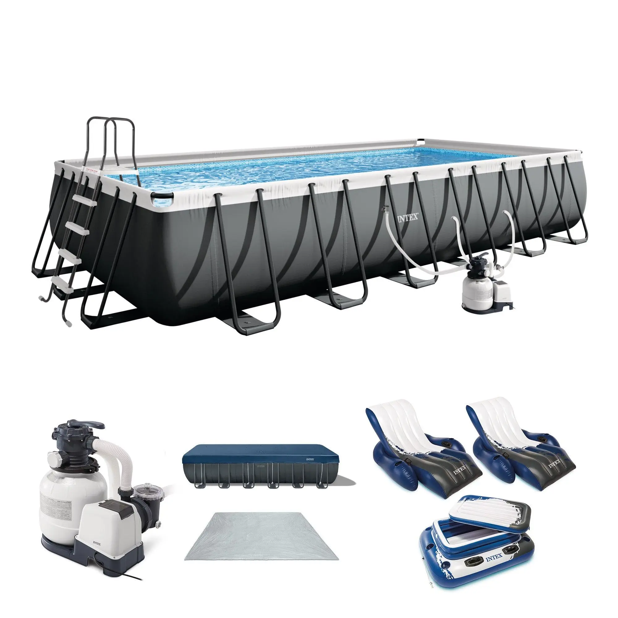 Intex 24 x 12 x 4.3 Foot Ultra XTR Rectangular Pool, 2 Pack of Floats and Cooler