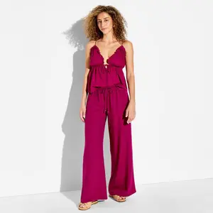 Women's Low-Rise Baggy Leg Linen Pull-On Pants - Wild Fable Berry Red M