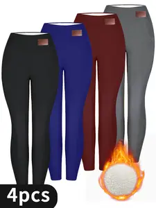 4 Pcs Full-Length High-Waisted Women's Fleece-Lined Leggings, Slim Fit, Warm, Sports Style Athletic Casual Pants for Fall & Winter