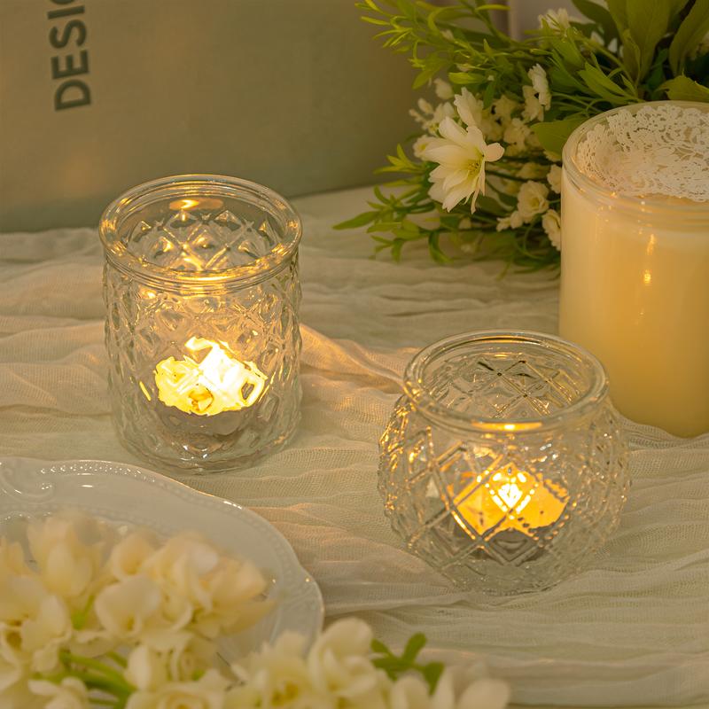 A 24-Piece Set of Transparent/ Blue/ Amber/ Green Glass Candle Holders, include: 12 Round Cups and 12 Textured Cups, Suitable for Weddings, Parties, and Home Decoration A 24-Piece Set of Transparent/ Blue/ Amber/ Green Glass Candle Holders, include: 12 Round Cups and 12 Textured Cups, Suitable for Weddings, Parties, and Home Decoration