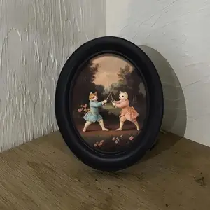 Double Cat Fencing 3D Oval Wood Frame Photo Frame (4.16x5.25 Inches), Hand-Printed Home Decor, Living Room Bedroom Wall Art, Halloween Decoration