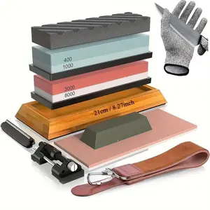 Knife Sharpening Stone Set - 4-Side Grit 400/1000 3000/8000 Whetstone Kit - Non-Slip Base, Cut-Resistant Gloves, Angle Guide, Flattening Stone, Honing Guide, Leather Strop