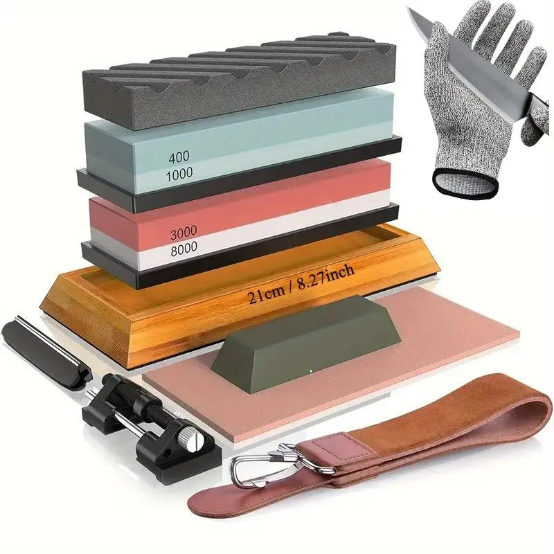 Traditional Kitchen Knife Sharpening Stone Set - 4-Side Grit Levels 400/1000 & 3000/8000 Whetstone, Stable Non-Slip Base, Safe Glove Handling, Angle Guide, Flattens Stone Prep, Honing Guide, Leather Strop for Home Kitchen Edge Care, Knives Kitchen Set