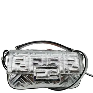 Pre-owned FENDI Zucca Embossed Leather Crossbody Bags Baguette Crossbody Bag Metallic Silver