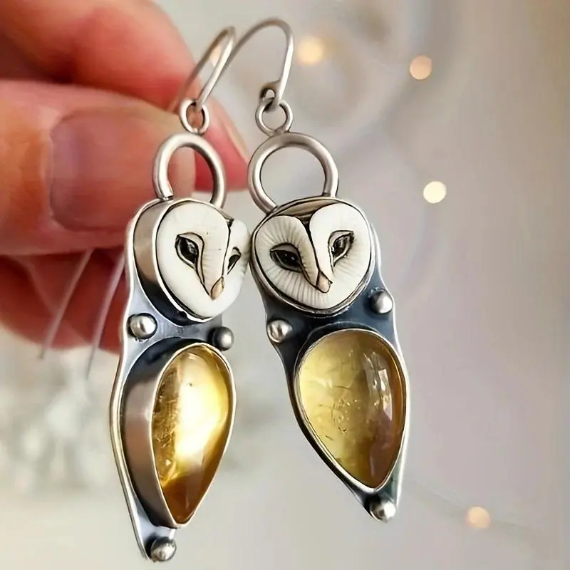 Vintage Owl Design Synthetic Gems Inlaid Dangle Earrings Bohemian Party Style Alloy Jewelry Creative Female Earrings@E1569-1