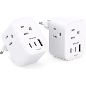 2-Pack European Travel Plug Adapter with 3 Outlets 3 USB Ports 2 USB-C Type C Plug Adapter for Italy France Germany Travel Essentials