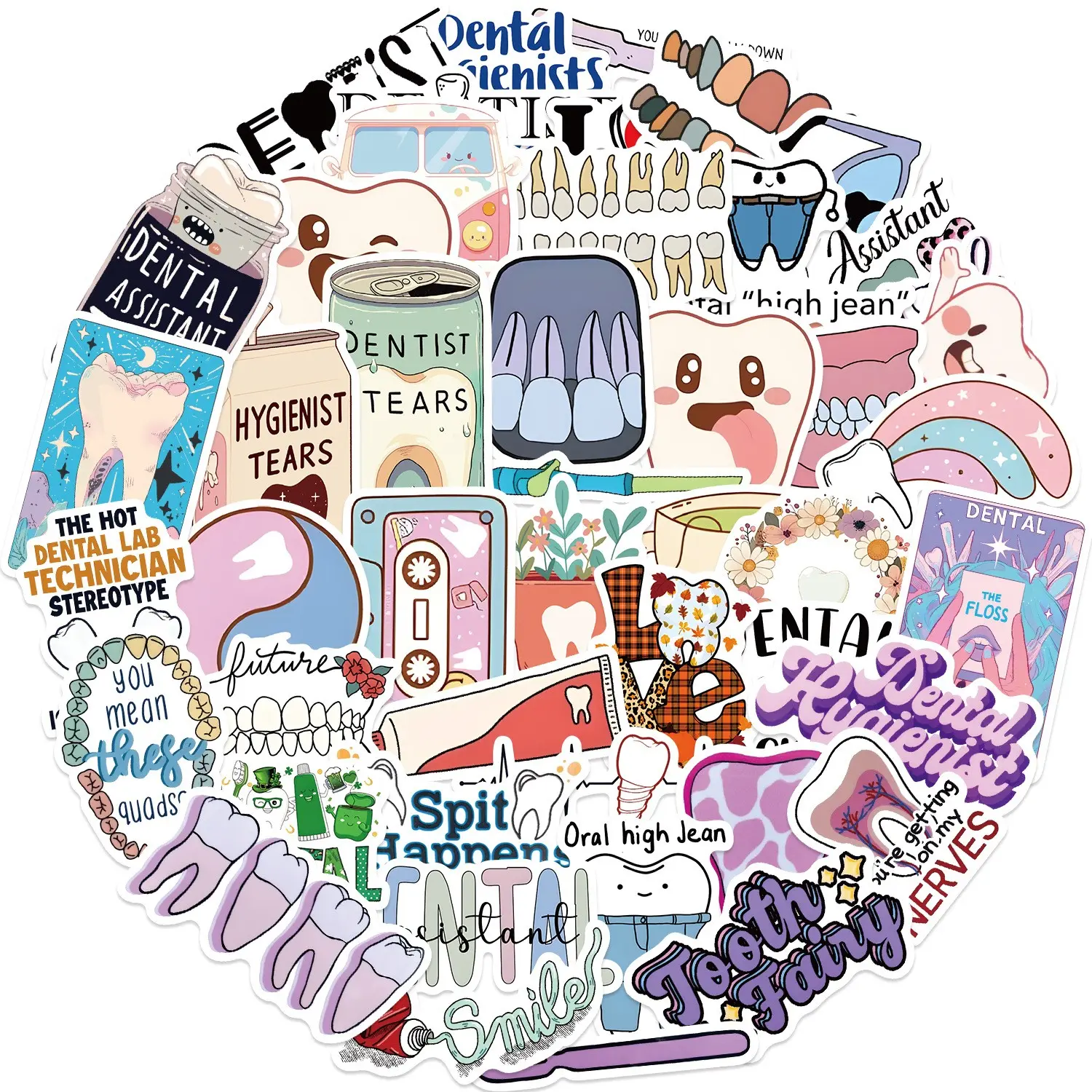 50 Cute Cartoon Dental Dentist Graffiti Stickers Decorations, Guitar Notebook Luggage DIY Adhesive Decals, Fun and Creative Accessories