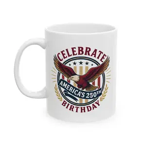 Celebrate America's 250th Birthday Mug | Retro Shield, Laurel Wreath, Soaring Eagle